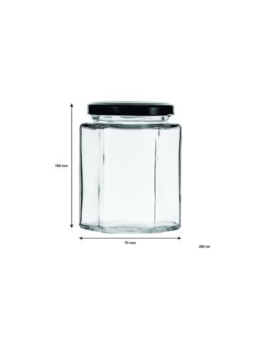EVA GLASS HEXAGONAL JAR WITH BLACK LID 6 PACK, 280ML (97X65X65MM)