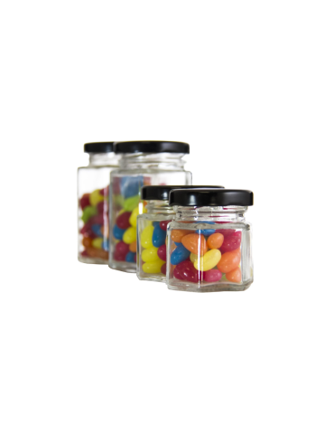 EVA GLASS HEXAGONAL JAR WITH BLACK LID 6 PACK, 280ML (97X65X65MM)