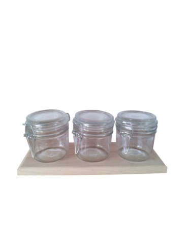 HERMETIC JARS ON A WOODEN TRAY SET OF 3