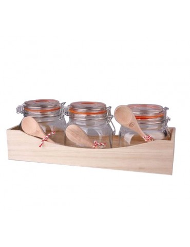 HERMETIC JAR & SPOON 6PCS SET IN WOODEN TRAY 750ML